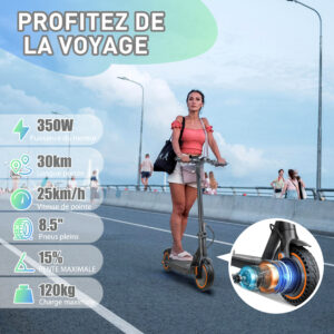 Trottinette Electrique - Vitesse Maximale 25 KM/H, 250W-500W, Pneus Solides 8.5'', Batterie 7,5AH, Autonomie 25-30KM, Double Frein, APP, Charge Max 120 KG - 图片 5